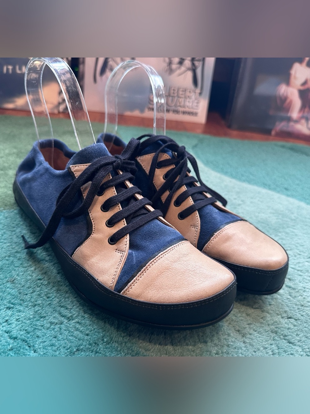 Fluevog NEARLY NEW Desires Tutor blue suede/beige elastic sneaker-8.5 (fits 7.5)